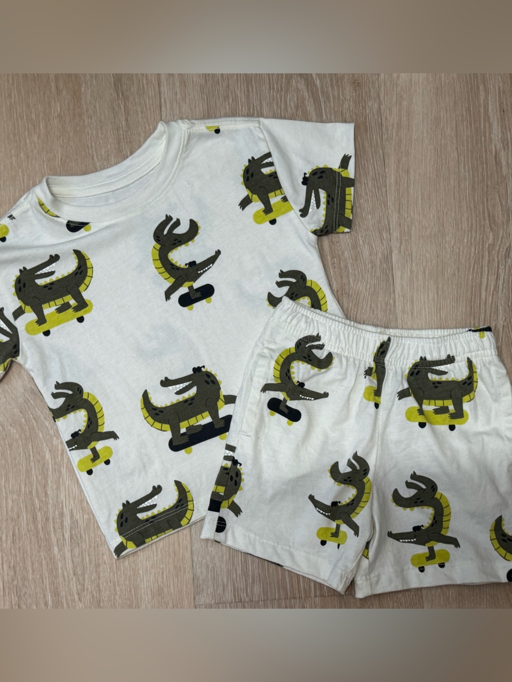 White Kids Crocodile Print Pajama Set - Yellow & Olive